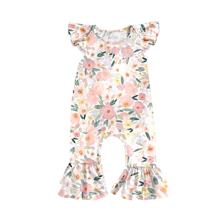 Preorder (moq 5)Baby Girls Flutter Sleeve Colorful Flowers Ruffle Footie Rompers