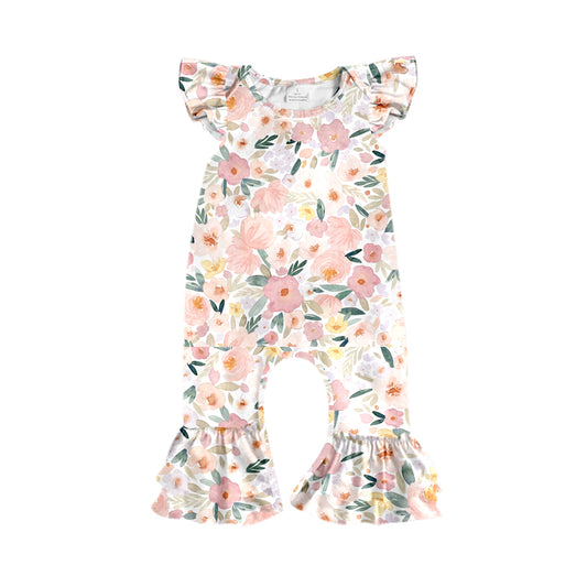 Preorder (moq 5)Baby Girls Flutter Sleeve Colorful Flowers Ruffle Footie Rompers