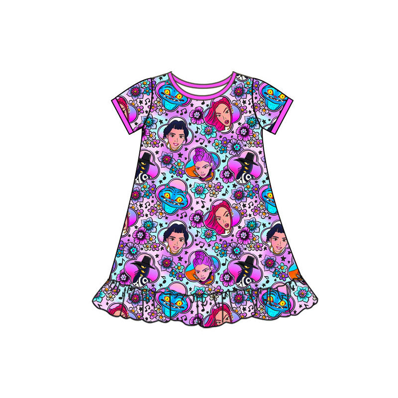 Preorder(moq 5) Baby Girls Short Sleeve Cartoon Girls Flowers Ruffle Knee Length Dresses