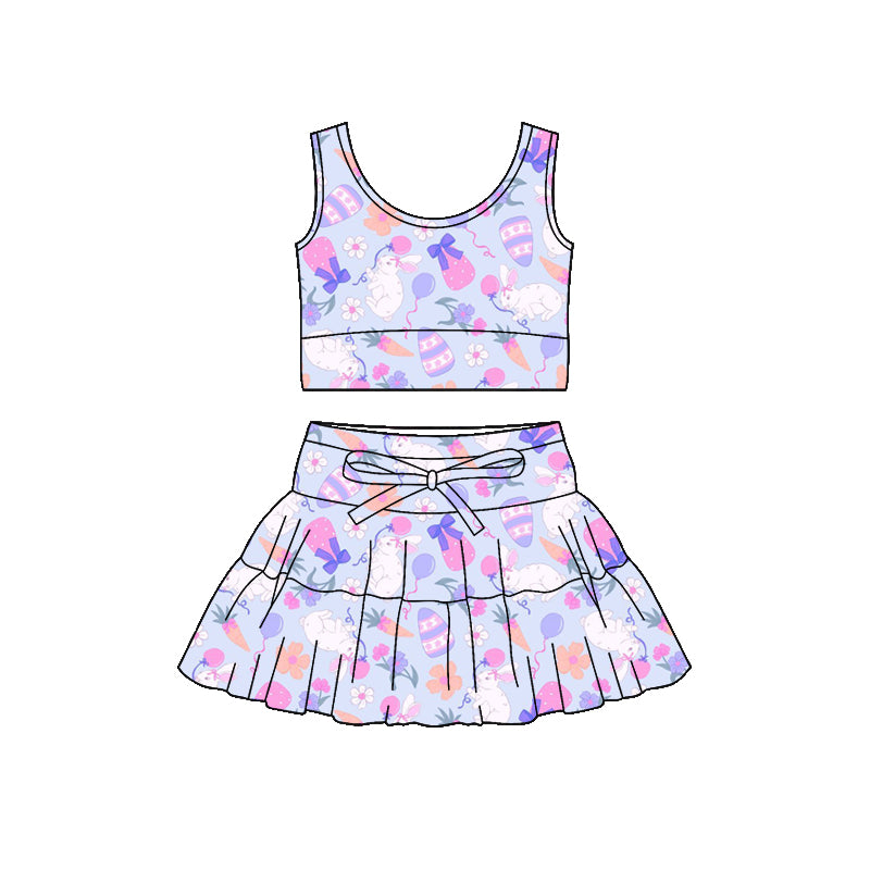Preorder (moq 5)Baby Girls Flower Rabbit Eggs Vest Ruffle Skirt Short Easter Clothes Sets