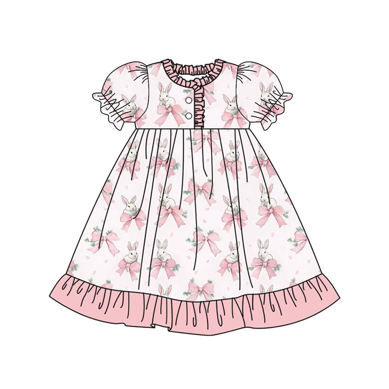 Preorder (moq 5)Baby Girls Pink Bows Rabbits Easter Button Ruffle Knee Length Dresses