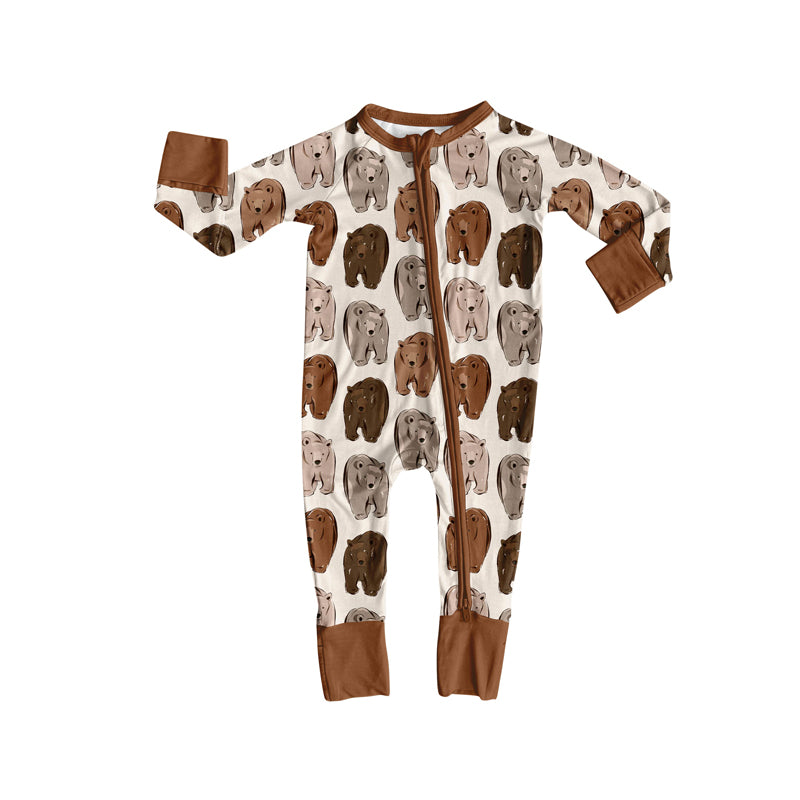 Preorder(moq 5)Baby Infant Boys Brown Bears Plaid Zipper Footie Rompers
