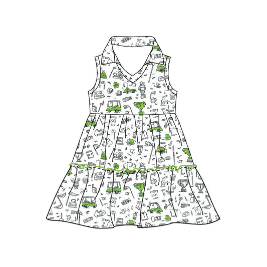 Preorder moq 5 Baby Girls Sleeveless Golf Trucks Patchwork Knee Length Dresses