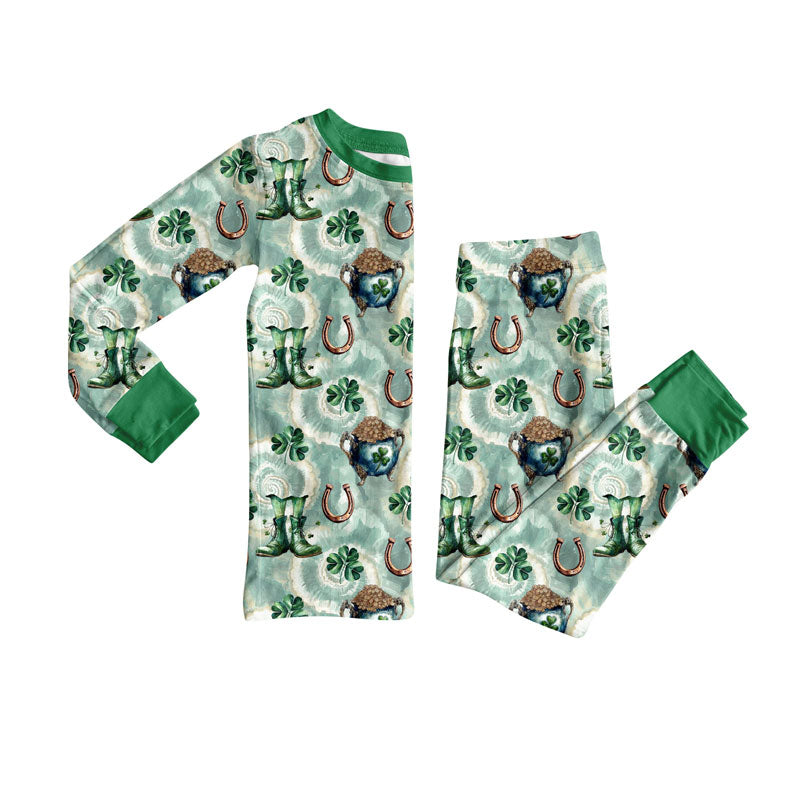 Preorder(moq 5) Baby Girls Clovers Boots Top Pants St Patrick Western Pajamas Sets