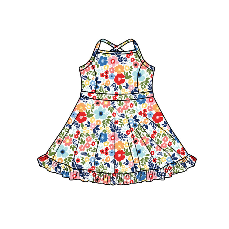 Preorder (moq 5)Baby Girls Strap Colorful Flowers Ruffle Shorts Knee Length Dresses