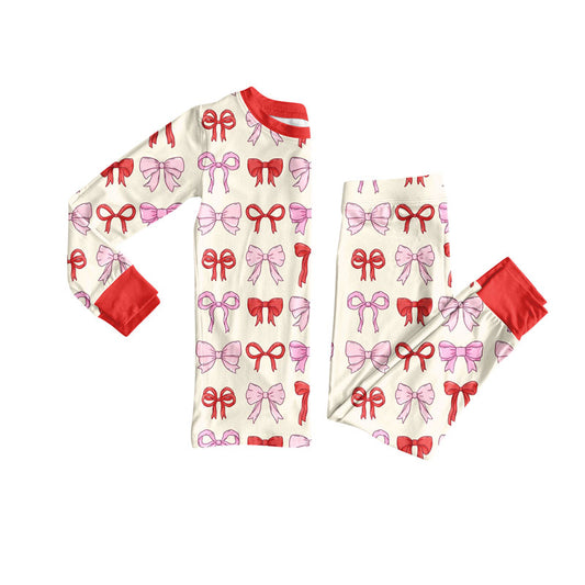 Preorder(moq 8)Baby Girls Pink Red Bows Plaid Top Pant Valentine Pajamas Sets