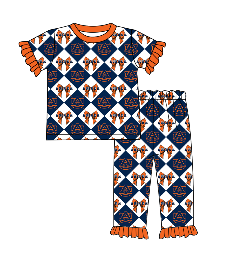 Preorder moq 5 Baby Girls Short Sleeve AU Bows Checked Top Ruffle Pants Team Clothes Set