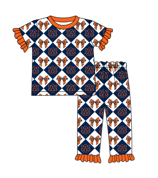 Preorder moq 5 Baby Girls Short Sleeve AU Bows Checked Top Ruffle Pants Team Clothes Set