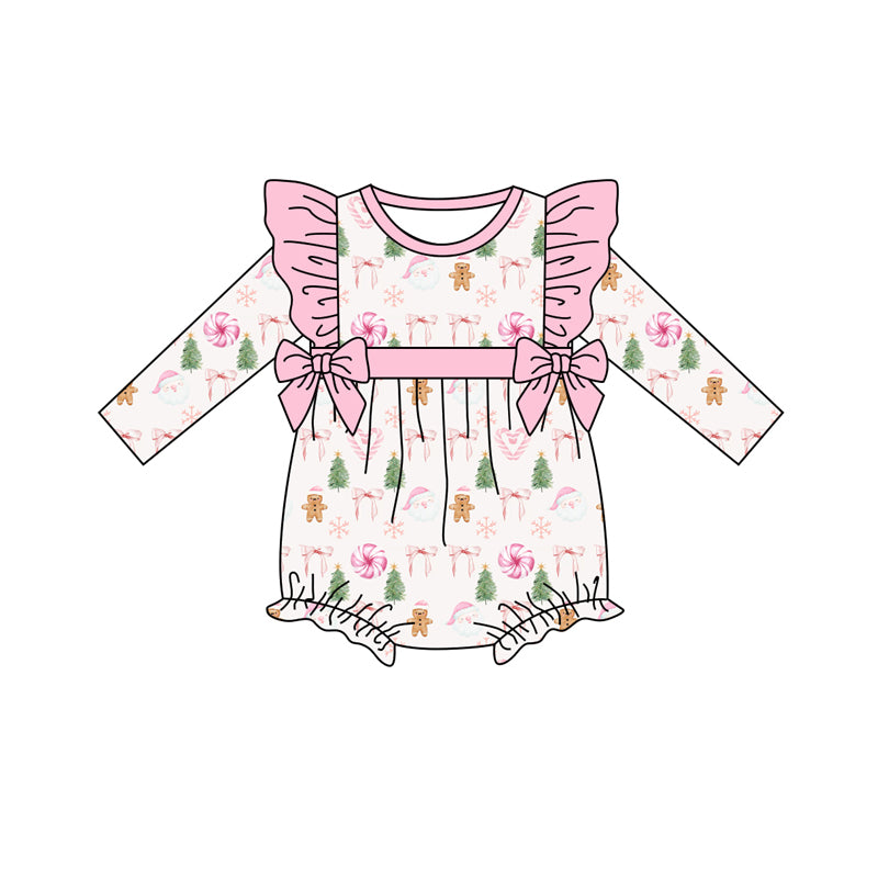 Preorder (moq 5)Baby Girls Long Sleeves Santa Gingerbread Trees Plaid Ruffle Romper