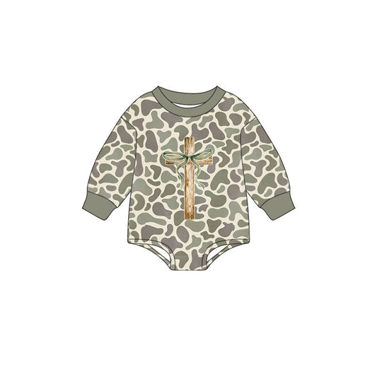 Preorder (moq 5)Baby Girls Green Camo Cross Easter Long Sleeve Rompers