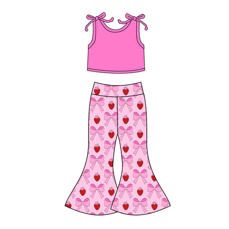 Preorder(moq 5) Baby Girls Pink Vest Shirts Top Bows Strawberry Bell Bottom Pants Clothes Sets