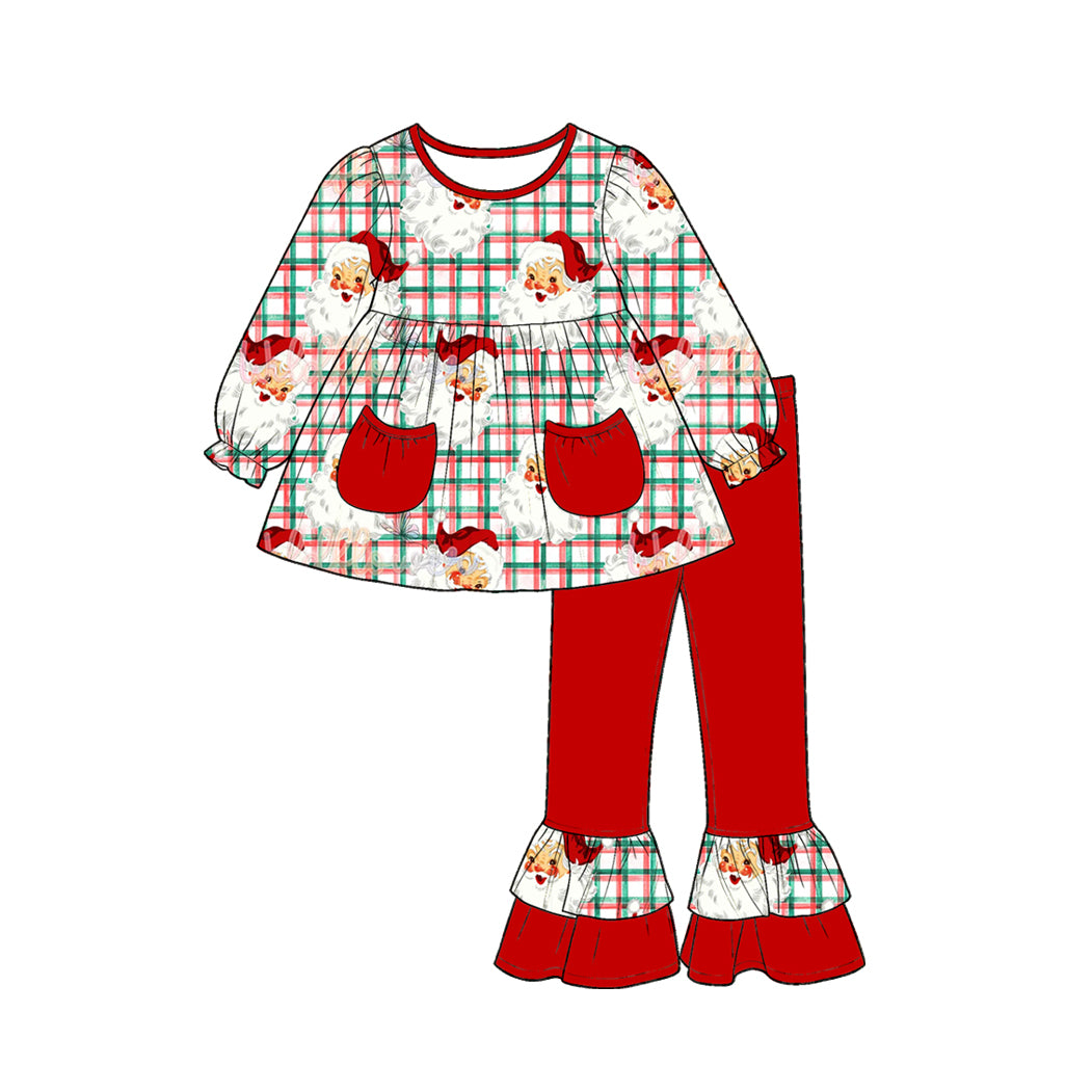 Preorder moq 5 Baby Girls Red Green Checked Santa Pockets Tunic Ruffle Pant Christmas Clothes Set