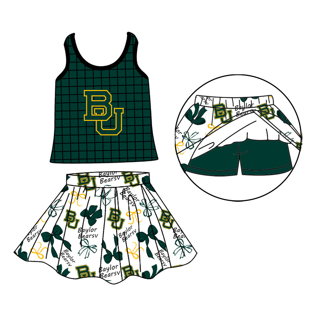 Preorder (moq 5)Baby Girls Green Checked BU Top Bows Skirt Short Team Clothes Set