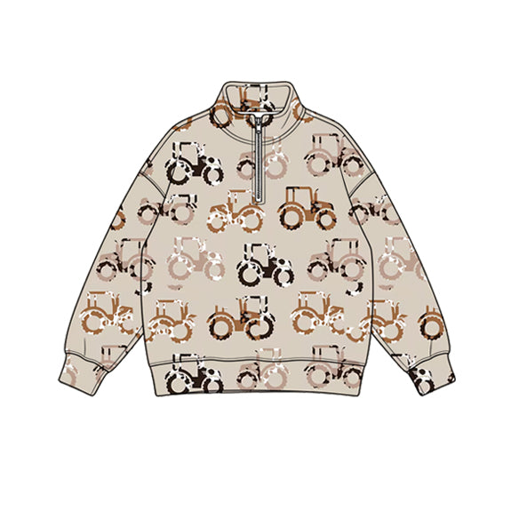 Preorder (moq 5) Baby Boy Clothes Cow Print Tractor Farm Print Quarter Zip Sweatshirt