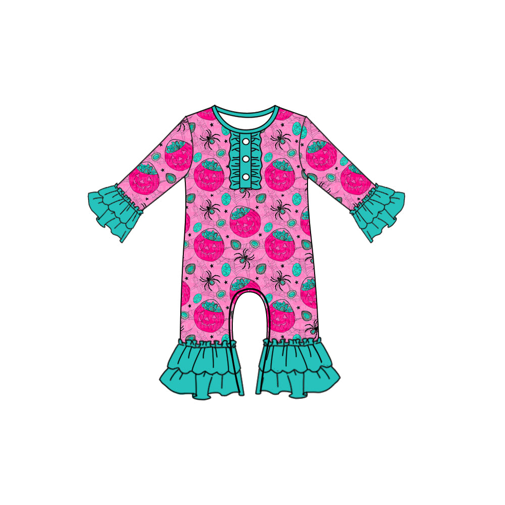 Preorder moq 5 Baby Girls Long Ruffle Sleeves Ghost Pumpkins Plaid Button Pant Rompers