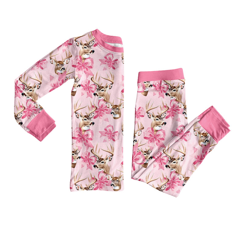 Preorder (moq 5) Baby Girl Clothes Deer Head Pink Bow Mixed Print Long Sleeve Pajama Set