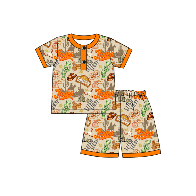 Preorder (moq 5)Baby Boys Orange Short Sleeves Button Cactus Hats Top Shorts Wild Western Pajamas Set
