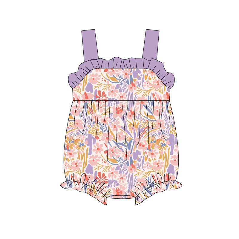 Preorder(moq 5)Baby Infant Girls Purple Strap Watercolor Floral Ruffle Rompers