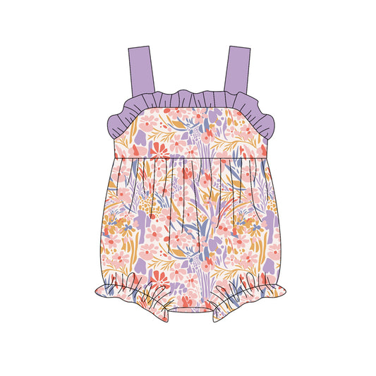 Preorder(moq 5)Baby Infant Girls Purple Strap Watercolor Floral Ruffle Rompers