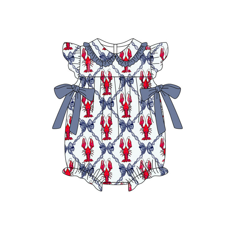 Preorder (moq 5)Baby Girls Flutter Sleeve Crayfishes Bows Checked Ruffle Collar Rompers