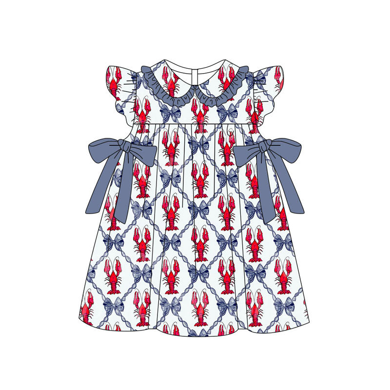 Preorder(moq 5) Baby Girls Crayfishes Bows Checked Flutter Sleeve Knee Length Dresses