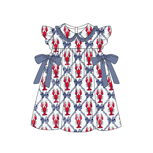 Preorder(moq 5) Baby Girls Crayfishes Bows Checked Flutter Sleeve Knee Length Dresses