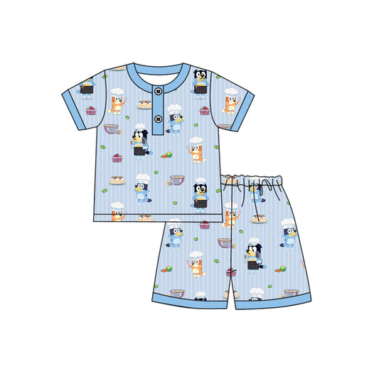 Preorder (moq 5)Baby Boys Blue Stripe Short Sleeves Button Cartoon Dogs Top Short Pajamas Set