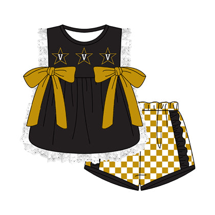Preorder moq 5 Baby Girls Sleeveless V Stars Lace Tunic Checked Short Team Clothes Sets