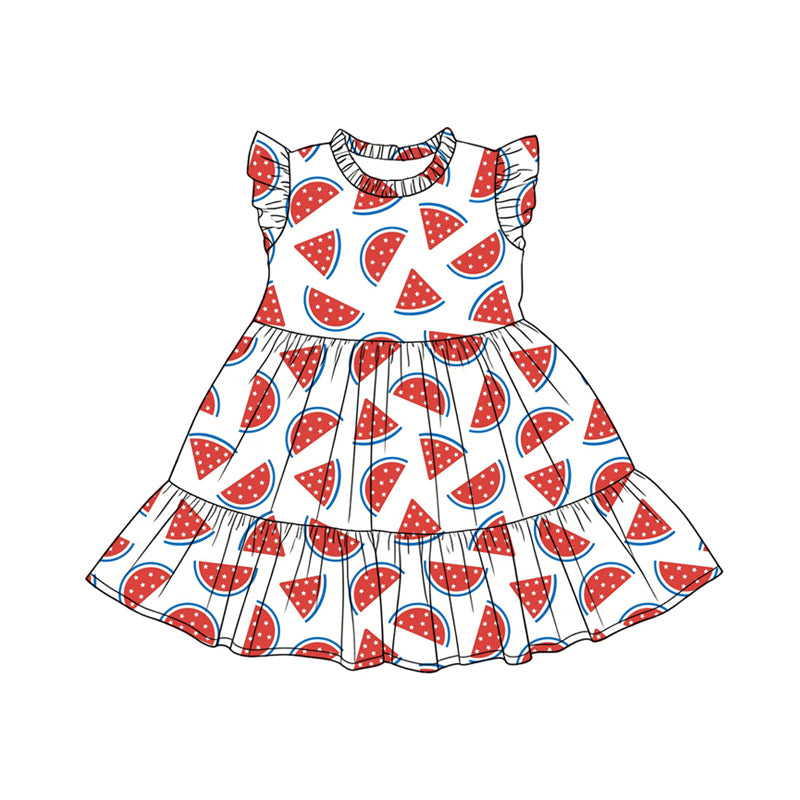 Preorder moq 5 Baby Girls Flutter Sleeve Watermelons Patchwork Knee Length Dresses