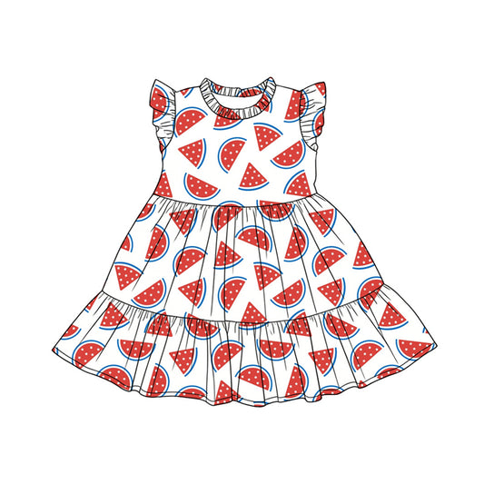 Preorder moq 5 Baby Girls Flutter Sleeve Watermelons Patchwork Knee Length Dresses