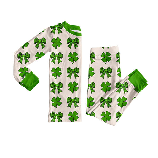 Preorder(moq 8)Baby Girls Long Sleeve Green Bows Clovers Top Pants St Patrick Pajamas Sets