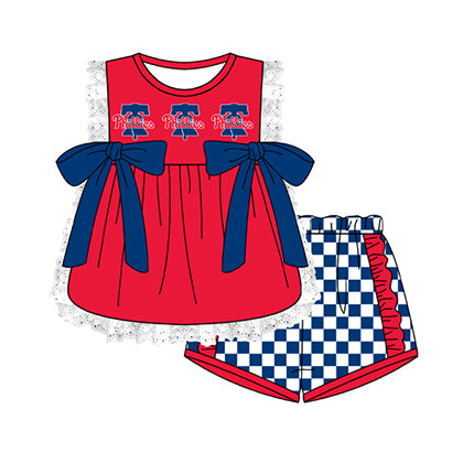 Preorder moq 5 Baby Girls Sleeveless Phillies Lace Tunic Checked Short Team Clothes Sets