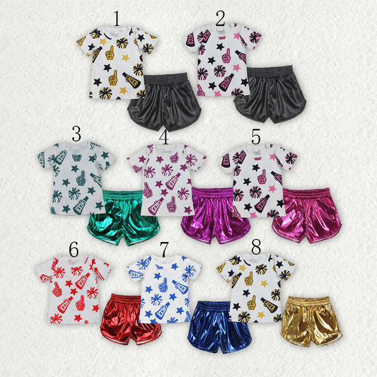Sibling Baby Girls Cheer Team Shirts Top Leather Shorts Summer Clothes Sets
