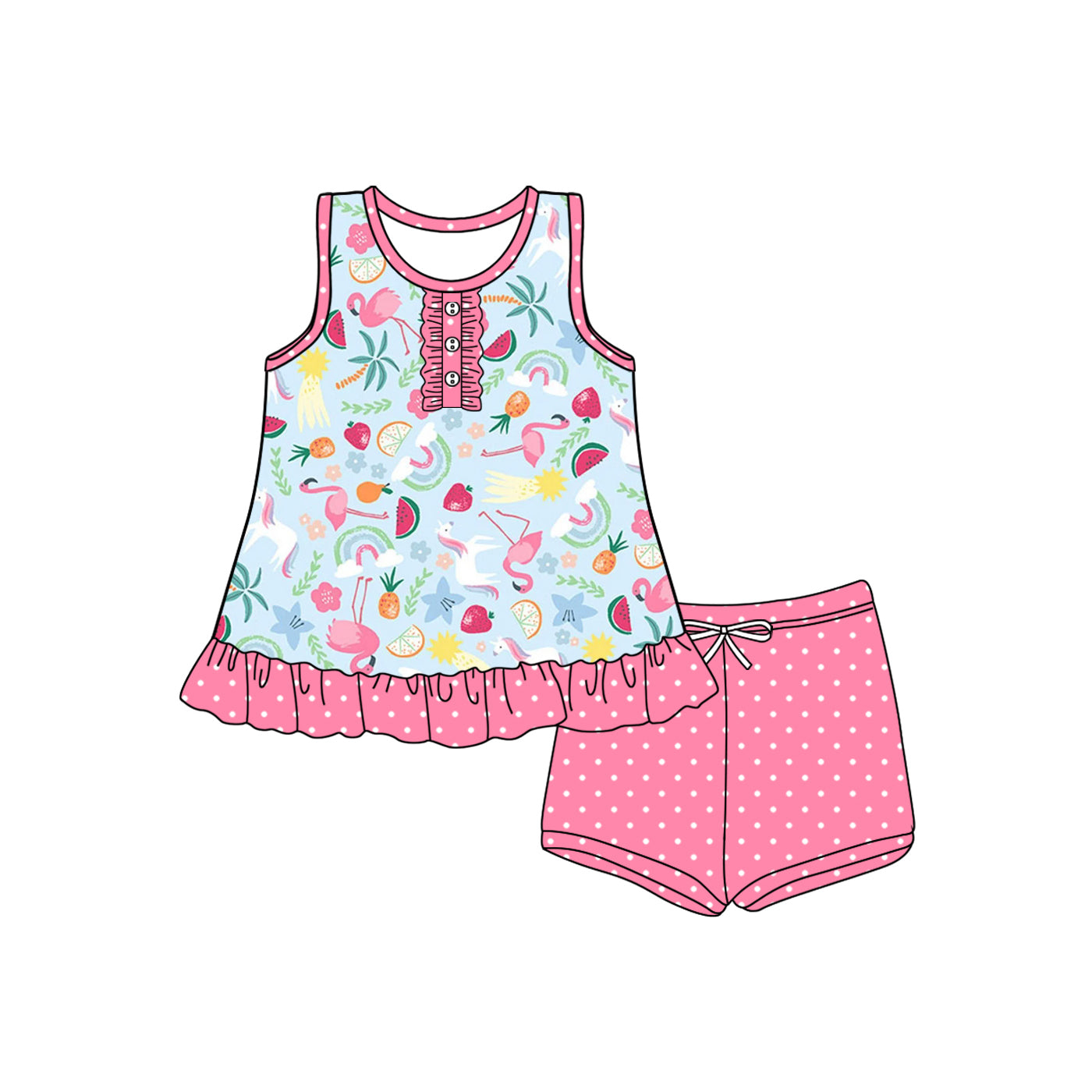 Preorder (moq 5)Baby Girls Pink Sleeveless Button Strawberry Flamingos Tunic Polka Dots Short Set