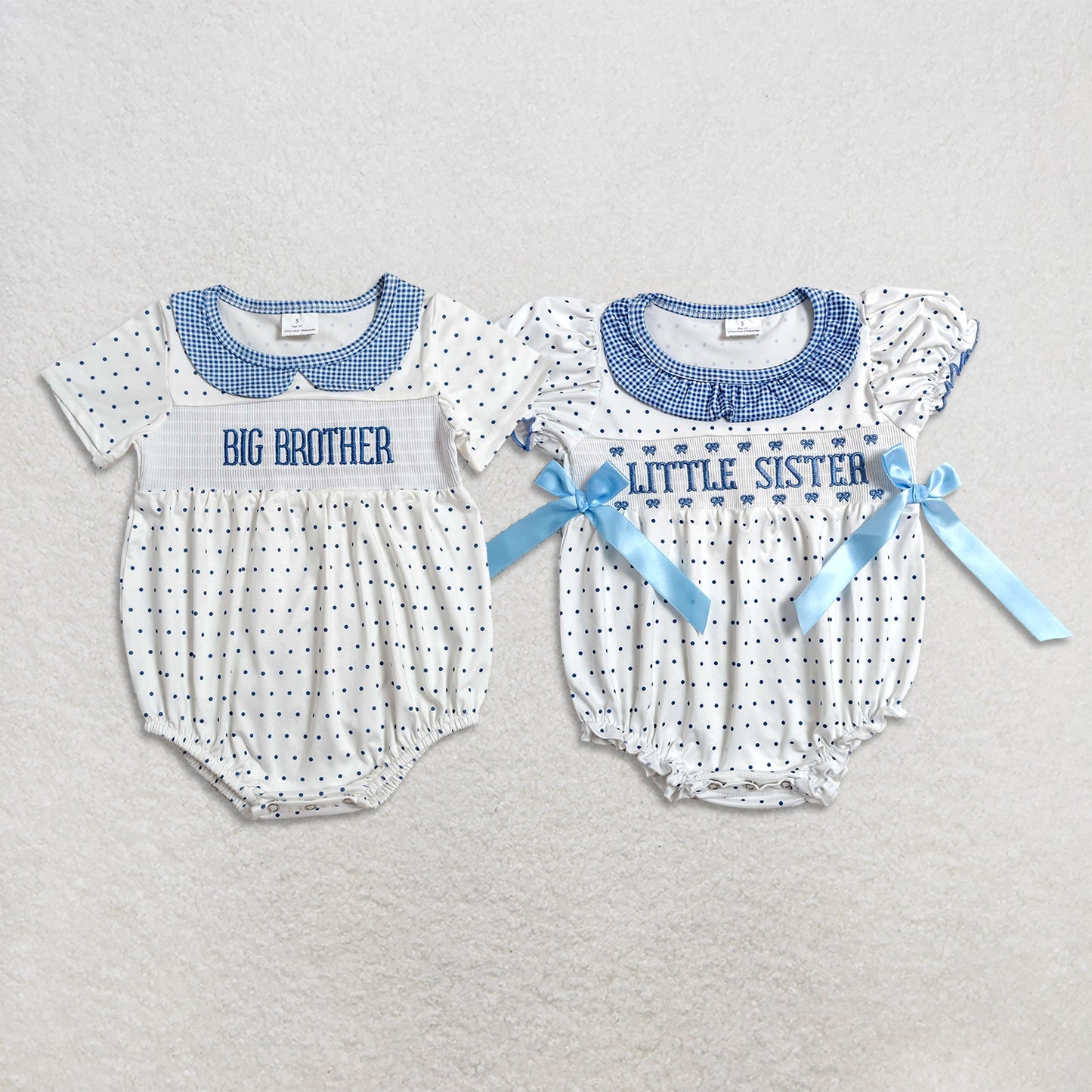 Sibling Smocked Little Sister Brother Baby Kids Short Sleeve Polka Dots Rompers