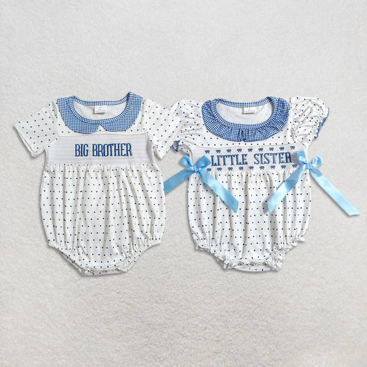 Sibling Smocked Little Sister Brother Baby Kids Short Sleeve Polka Dots Rompers