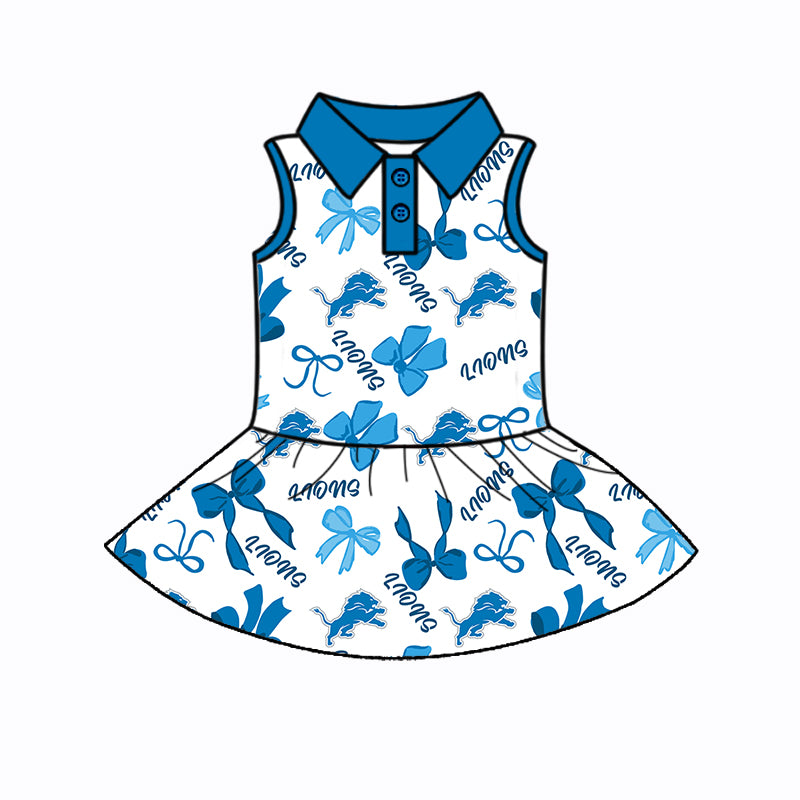 Preorder (moq 5)Baby Girls Sleeveless Blue Bows Plaid Lions Button Team Knee Length Dresses
