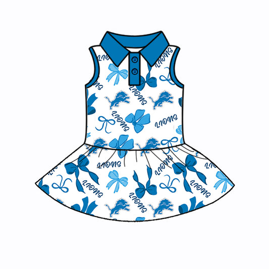 Preorder (moq 5)Baby Girls Sleeveless Blue Bows Plaid Lions Button Team Knee Length Dresses