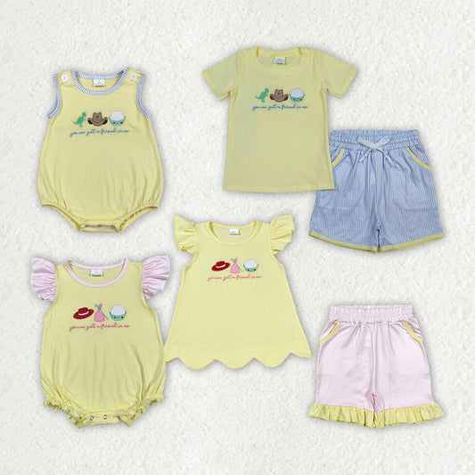 Sibling Embroidery Got a Friend Top Pockets Short Clothes Set Rompers
