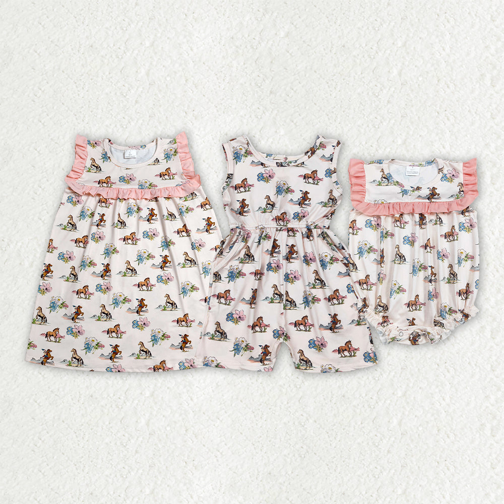 Sibling Baby Girls Horse Rodeos Flowers Western Ruffle Rompers Dress Jumpsuits