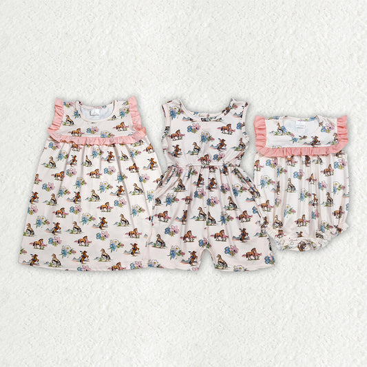 Sibling Baby Girls Horse Rodeos Flowers Western Ruffle Rompers Dress Jumpsuits