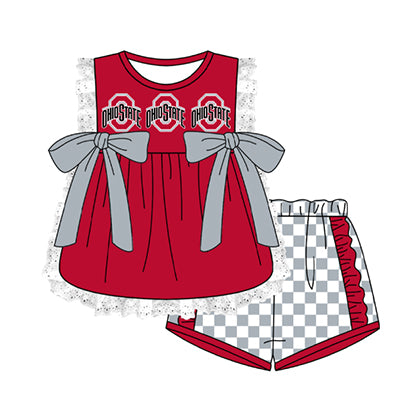 Preorder moq 5 Baby Girls Sleeveless Ohio State Lace Tunic Checked Short Team Clothes Sets