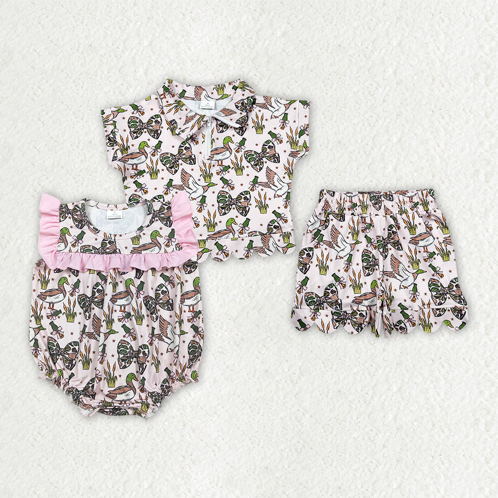 Sibling Baby Girls Camo Ducks Zip Pullovers Pocket Short Scallop Clothes Set Ruffle Rompers