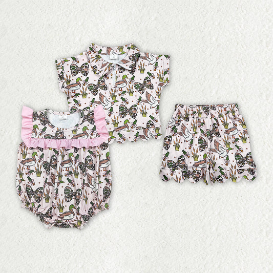 Sibling Baby Girls Camo Ducks Zip Pullovers Pocket Short Scallop Clothes Set Ruffle Rompers