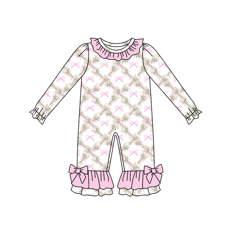 Preorder(moq 5)Baby Infant Girls Long Sleeves Pink Bows Flowers Plaid Ruffle Pants Rompers