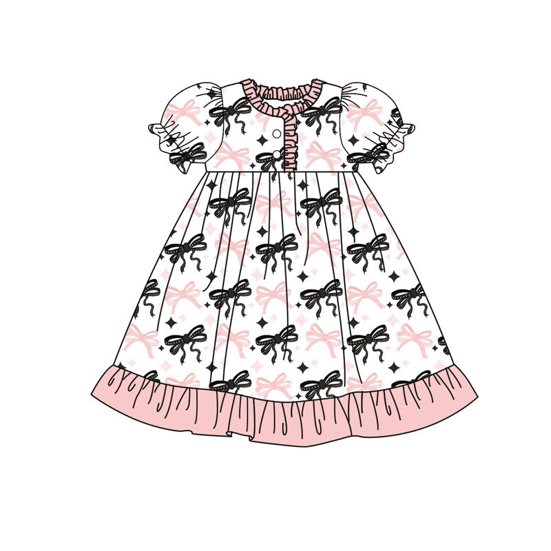 Preorder(moq 5) Baby Girls Pink Black Bows Stars Plaid Button Ruffle Knee Length Dresses