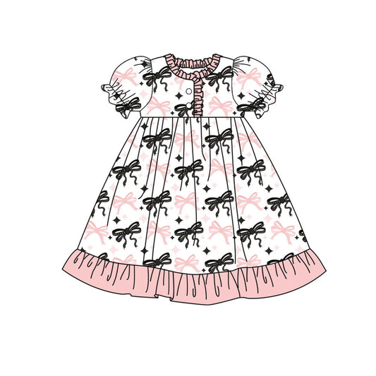 Preorder(moq 5) Baby Girls Pink Black Bows Stars Plaid Button Ruffle Knee Length Dresses