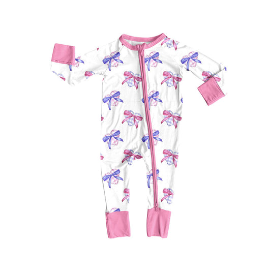Preorder (moq 5)Baby Girls Checked Hearts Bows Valentine Zipper Footie Rompers