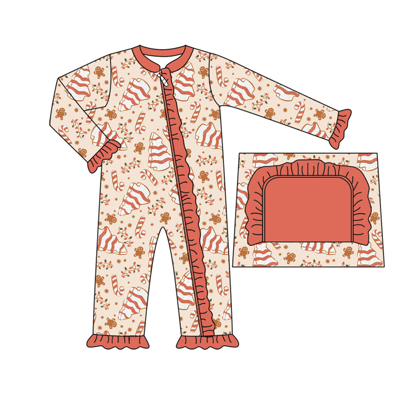 Preorder moq 5 Baby Infant Girls Long Sleeves Candy Cane Gingerbread Ruffle Zipper Romper