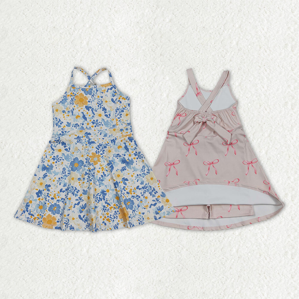 Sibling Baby Girls Strap Bows Flowers Yoga Active Shorts Knee Length Dresses